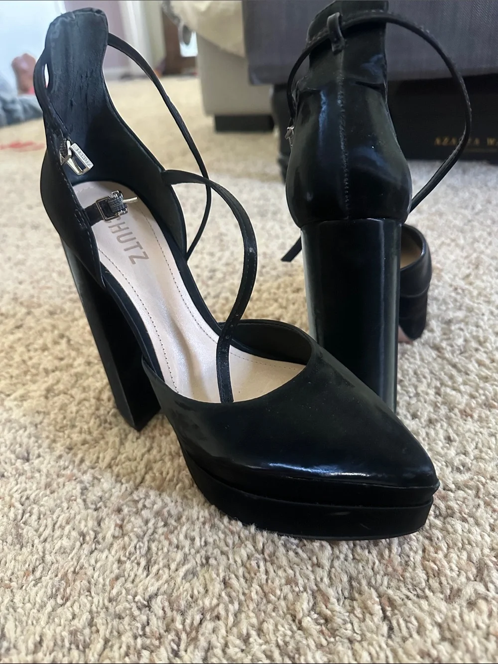 SCHUTZ Black Patent Platform Peep-Toe Pumps with Ankle Straps